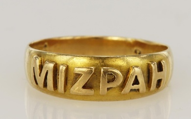 Yellow gold (tests 15ct) antique MIZPAH ring, head width 5.5...