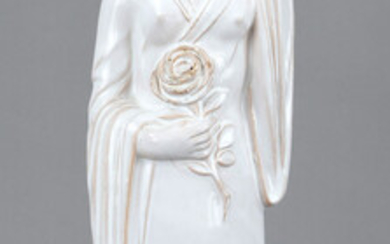 Young woman with rose branch, ceramic, white glazed, dated in the bottom 1967, incised model no.