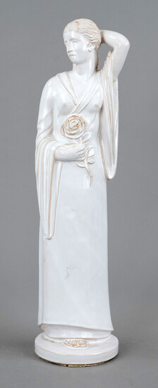 Young woman with rose branch, ceramic, white glazed, dated in the bottom 1967, incised model no.