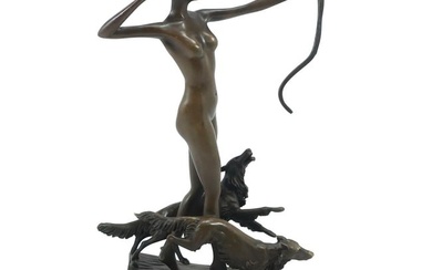 after Josef Lorenzl, Bronze Art Deco Nude Female Archer with Greyhound Dogs, Good Patina
