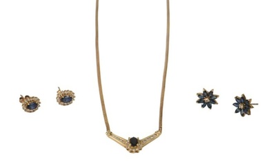 10K Yellow Gold Sapphire Diamond Necklace with 2 Pairs of 14K Sapphire Diamond earrings Necklace