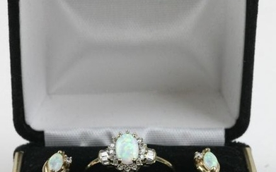 10k, opal, and diamond ring and earrings