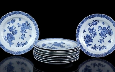 11 porcelain dishes with blue floral decor, China, ca.