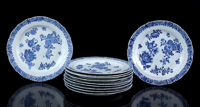 11 porcelain dishes with blue floral decor, China, ca.