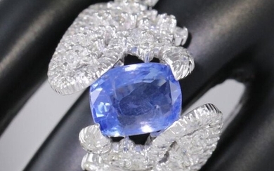 14 K White Gold Blue Sapphire (IGI Cert) & Diamond Ring