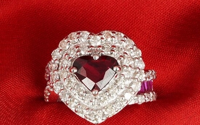 14 K White Gold Royal Red Ruby (LOTUS) & Diamond Ring