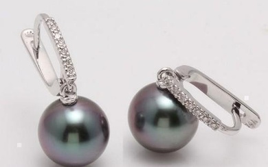 14 kt. White Gold - 9x10mm Round Peacock Tahitian Pearls - Earrings - 0.11 ct
