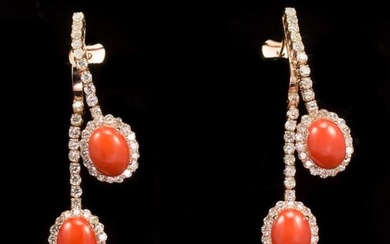14K Gold 4.63ct Coral 2.77ct Diamond Earrings