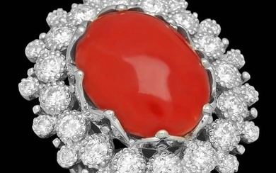 14K White Gold 12.92ct Coral and 2.50ct Diamond Ring