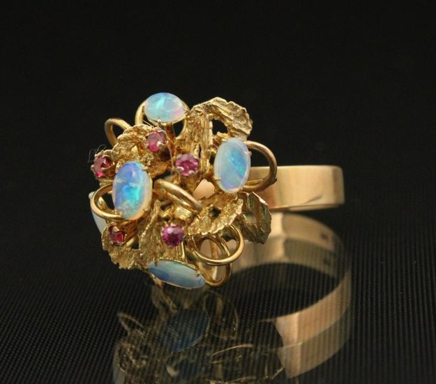 14K Y/G FIRE OPAL AND RUBY LADY'S RING; 6.2 GR TW