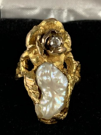 14K YLW GOLD PEARL AND DIAMOND NUGGET RING SZ 6