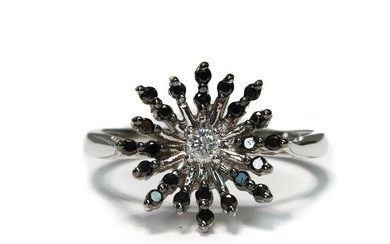 14k White Gold Diamond and Black Sapphire Flower Cluster Ring, Size 7