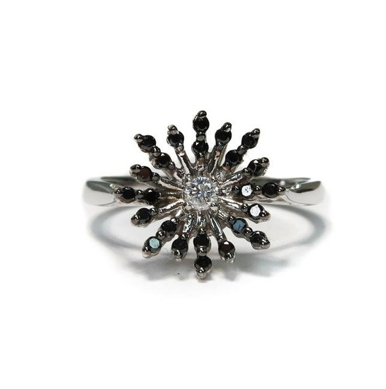 14k White Gold Diamond and Black Sapphire Flower Cluster Ring, Size 7