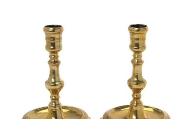 Near a pair of Danish 18th c. Baroque brass candlesticks. H. 13 cm. (2)