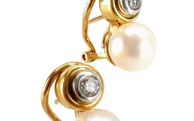 18 kt. White gold, Yellow gold - Earrings - 0.20 ct Diamond - Pearls