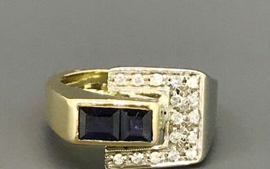 18 kt. White gold, Yellow gold - Ring - 0.16 ct Diamond - Sapphire