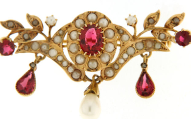 18 kt. Yellow gold - Brooch glass - Pearls