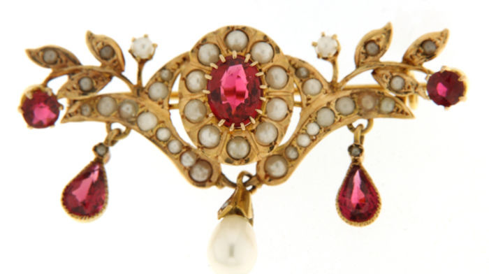 18 kt. Yellow gold - Brooch glass - Pearls