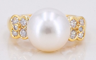 18 kt. Yellow gold - Ring Natural Pearl - 0.53 Ct Diamonds
