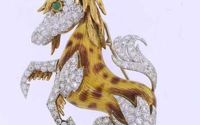 18K Gold Diamond Enamel Mustang Horse Pin