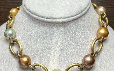 18K Yellow Gold South Sea Pearl & Diamond Necklace