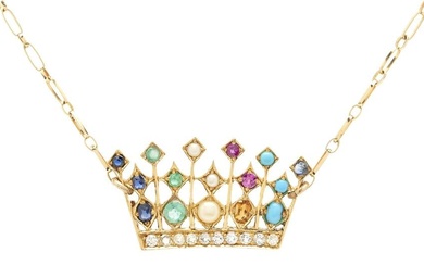 18K Yellow Gold & Gemstone Crown Necklace