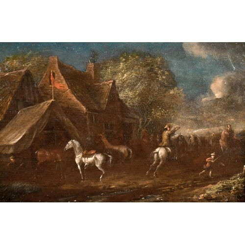 18th Century Dutch School. Figures and Horses by an Inn, Oil...
