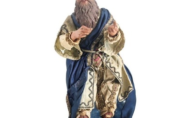 18th century Continental Polychrome Hand Carved Creche Figure dressed in silk