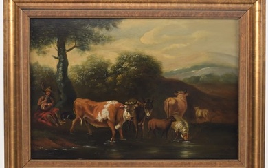 18th century English or Dutch old master landscape with bagpipe player, dog, and cattle by a river.