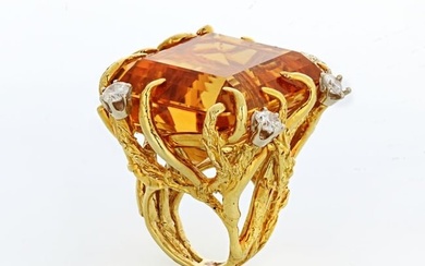 1970's 18K Yellow Gold Citrine and Diamond. Ring