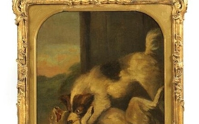 19TH CENTURY OIL ON CANVAS a dog fighting scene with