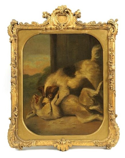 19TH CENTURY OIL ON CANVAS a dog fighting scene with