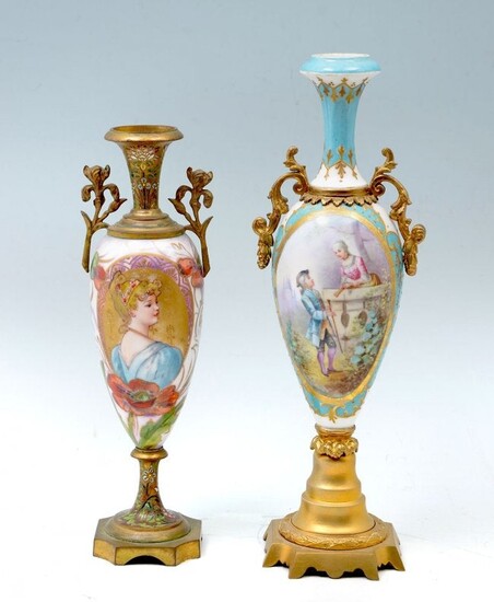 2 PIECE SEVRES STYLE METAL MOUNTED URNS