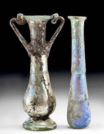 2 Roman Glass Vessels - Vial & Unguentarium