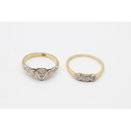 2 x 18ct gold vintage diamond rings inc. solitaire heart & t...