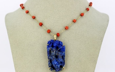 14 kt. Gold, Coral - Necklace with pendant Lapis lazuli