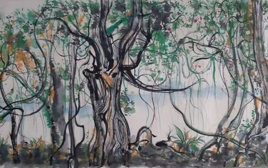 Ink painting - Chinese ink painting on paper - 《吴冠中-西双版纳榕树》Made after Wu Guanzhong - China - Late 20th century