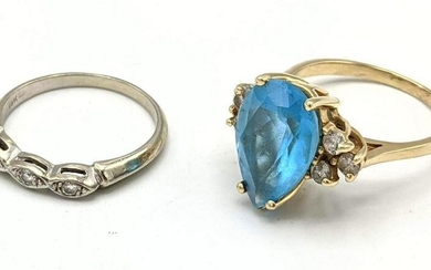 2pcs 14K Gold Rings. Diamonds, Light blue stone. Ring w