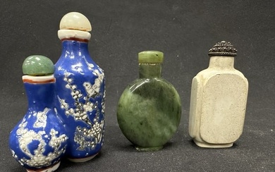 3 Asian Snuff Bottles (Jade, Porcelain, Stone)