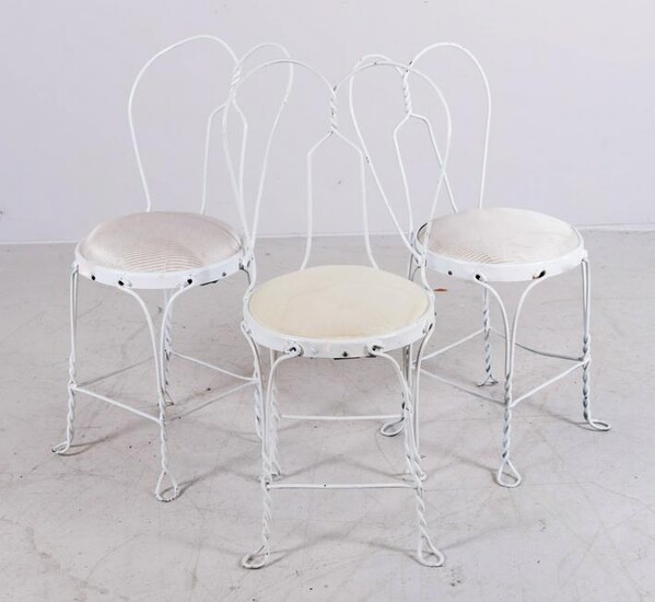 (3) twisted metal white painted ice cream chairs
