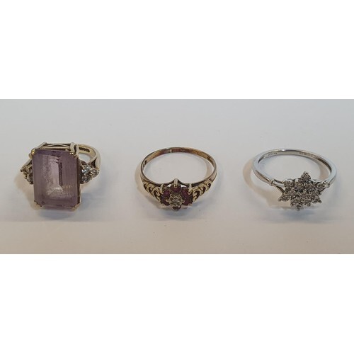 3 x 9ct rings, one yellow gold Amethyst and Diamond ring, on...