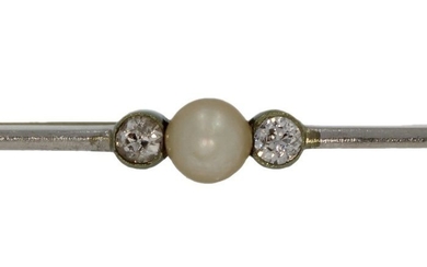 Art Deco - 14 kt. White gold, Yellow gold - Brooch - 0.15 ct Diamond - Pearl