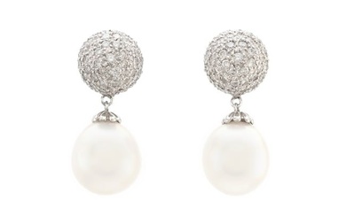 3.41 Carat Diamonds and South Sea Pearls White Gold Drop Earrings