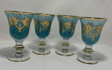 (4) TURQUOISE W/GOLD SWAG CRYSTAL WINE GLASSES 6"