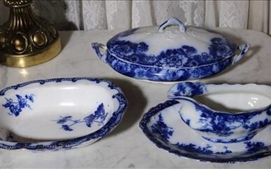4 pieces flow blue, dish, bowl, creamer, under plate