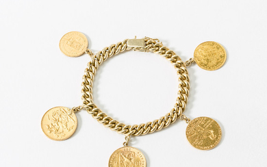 A 14 carat gold bracelet with five coins