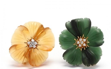 Pair of Carved Hardstone and Diamond Clip Brooches