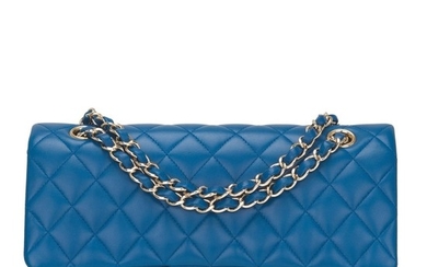 Chanel Blue Quilted Medium Classic Double Flap Bag of Lambskin Leather with Light Gold Tone Hardware