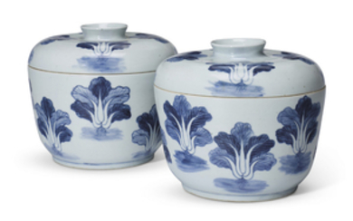 A PAIR OF CHINESE BLUE AND WHITE 'BOK CHOY' BOXES AND COVERS, FIRST HALF 20TH CENTURY