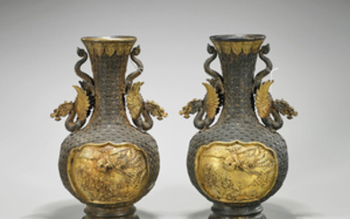 Pair Chinese Parcel-Gilt Bronze Vases